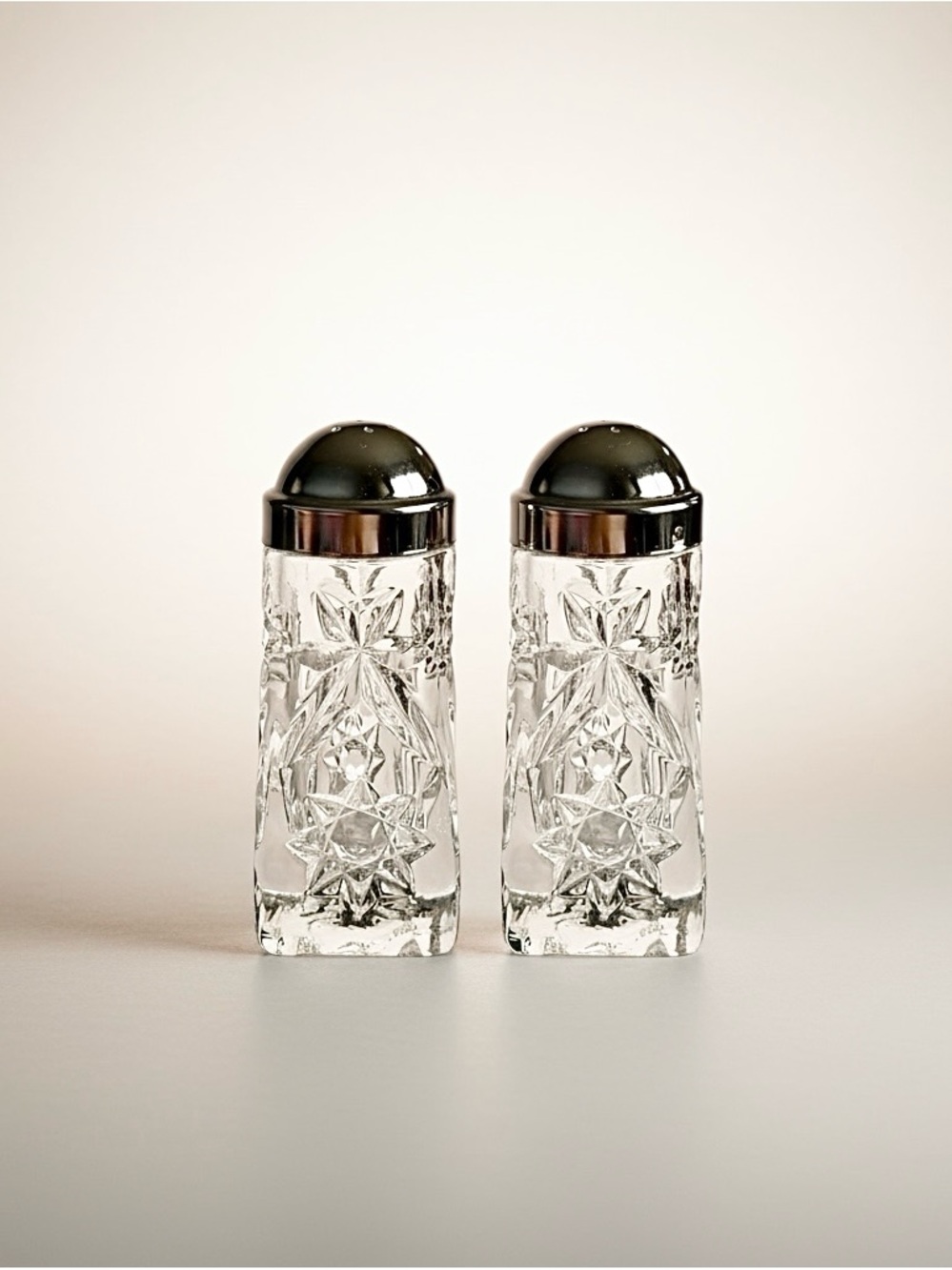 Anchor Hocking Clear Cut Glass Salt and Pepper Shakers with Silver Tops
